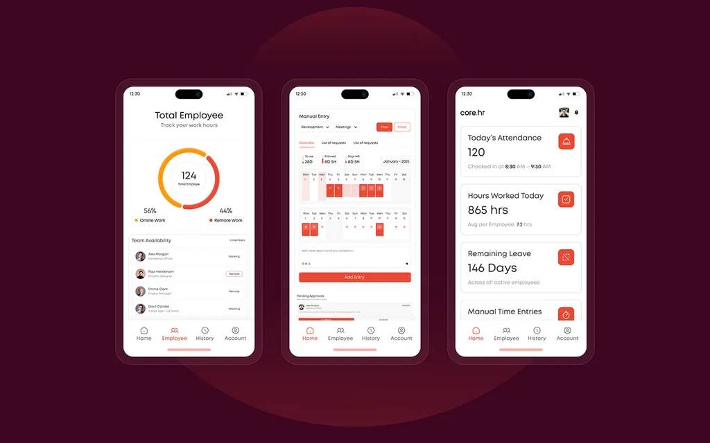 Three core.hr app screens on burgundy: employees, calendar and attendance