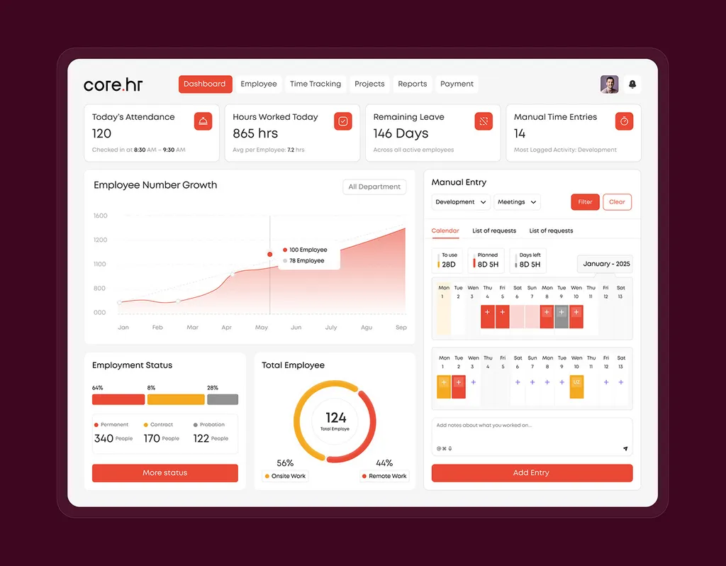 core.hr desktop dashboard with employee growth, attendance and leave charts