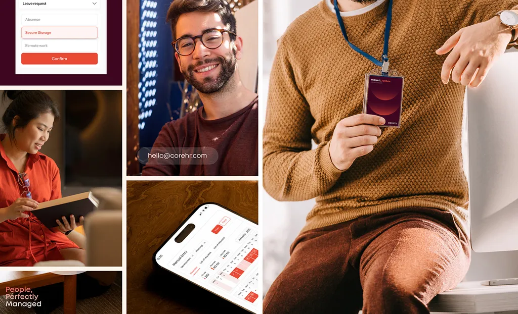 core.hr collage: employees, the app on a phone and an ID badge on a lanyard