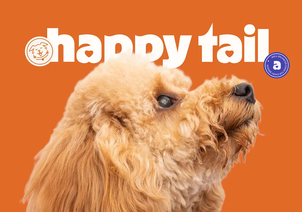 Happy Tail wordmark in white over an apricot poodle on orange, with the dog face badge and “a” seal