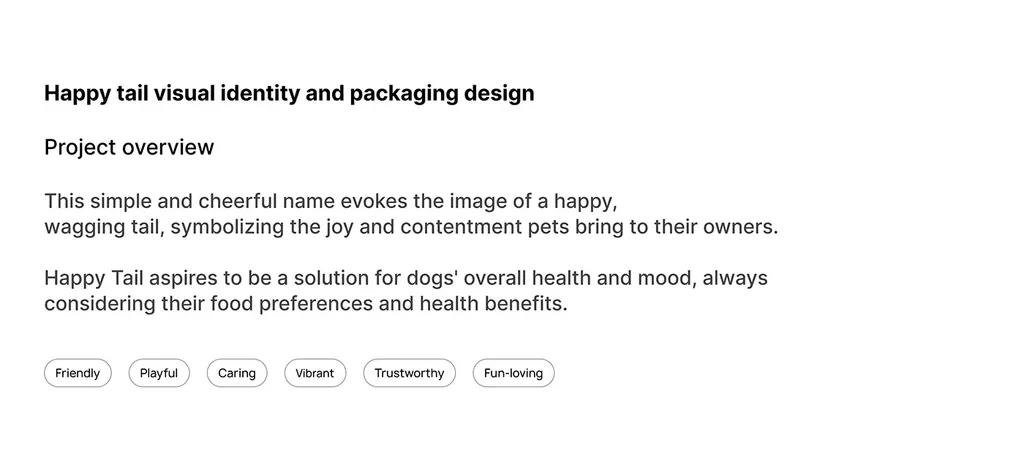 Happy Tail project overview: the name, the brand goal and six personality words in outlined pills