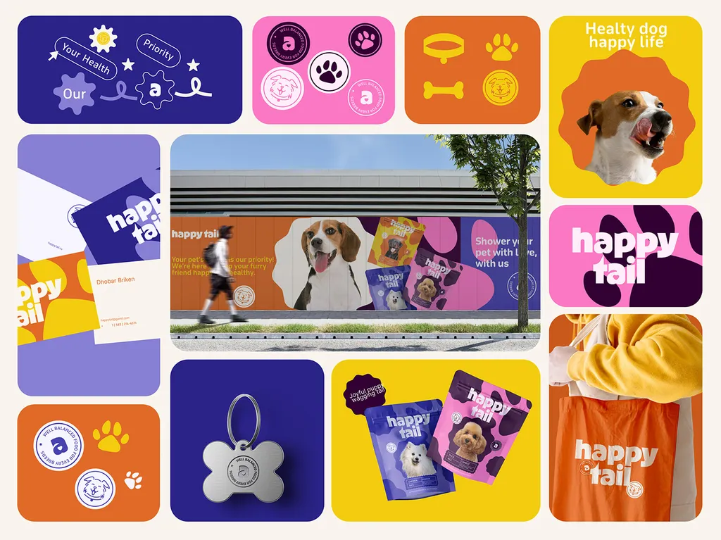 Happy Tail brand overview: stickers, a bone-shaped tag, business cards, pouches, a tote and a street banner