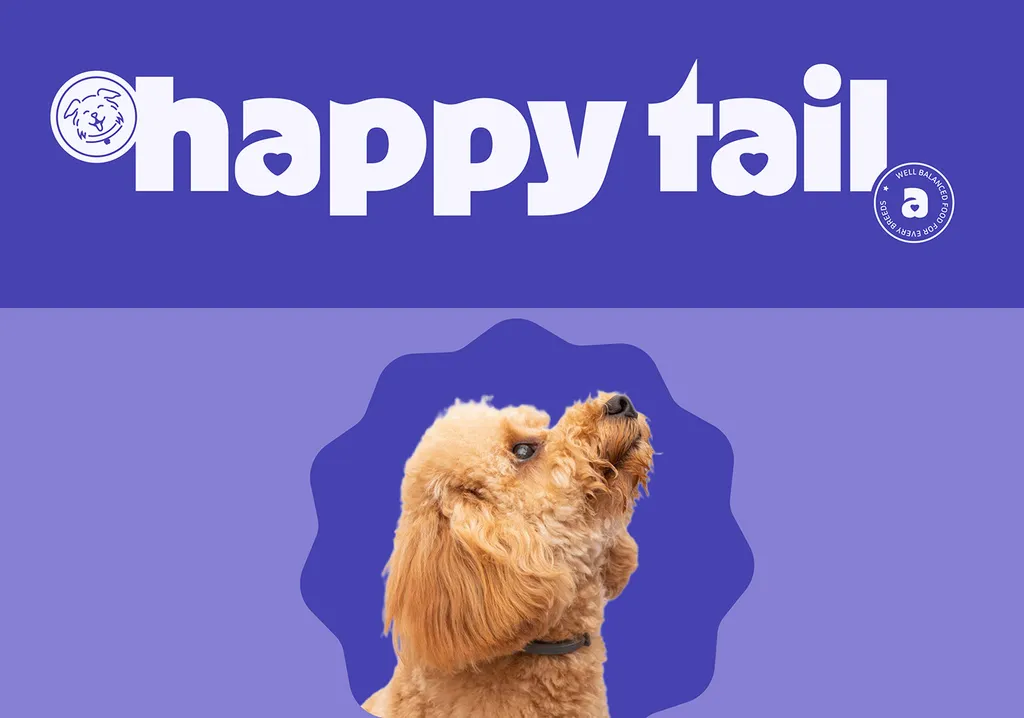 Happy Tail wordmark in white on indigo, above a poodle looking up inside a wavy lilac frame