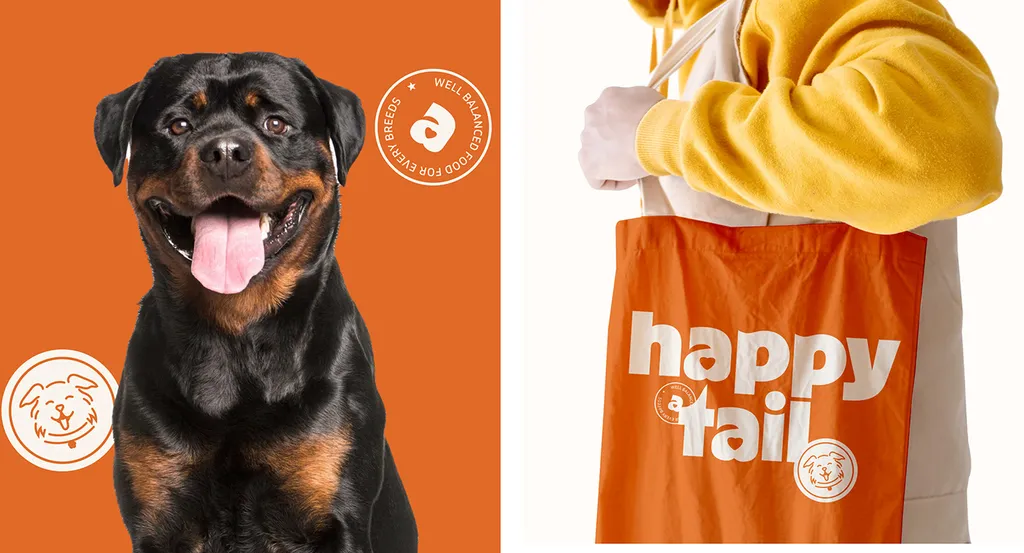 Happy Tail Rottweiler on orange with the dog face badge and “a” seal, next to an orange Happy Tail tote