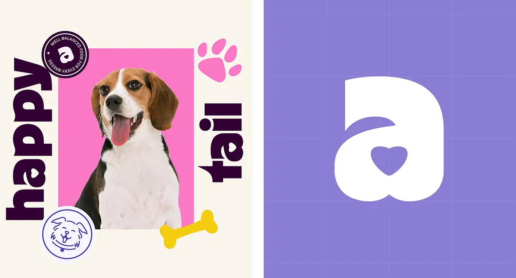 Happy Tail poster with a beagle on pink and the wordmark set vertically, next to the heart a on a lilac grid
