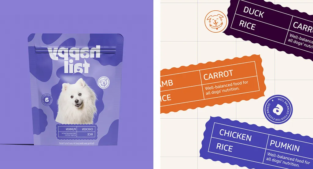 Happy Tail lilac pouch with a white fluffy dog, next to wavy recipe labels for duck, lamb and chicken