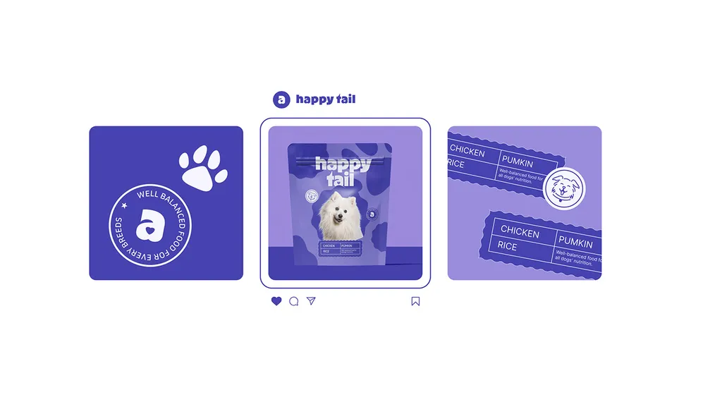 Happy Tail social posts: the “a” seal with a paw, a lilac pouch and the chicken and rice recipe labels