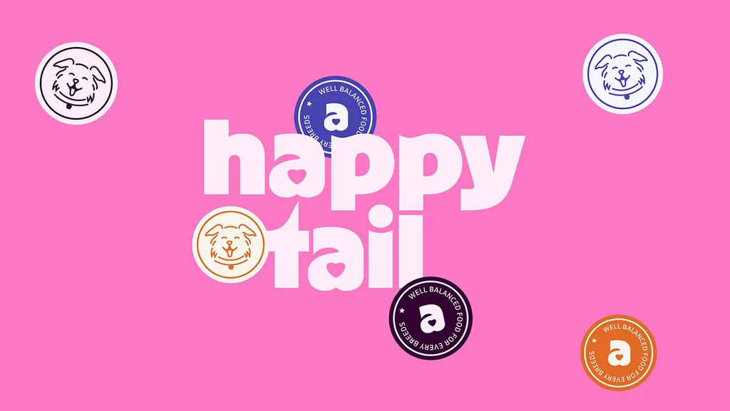 Happy Tail wordmark on pink, surrounded by dog face stickers and round “a” seals in four colors