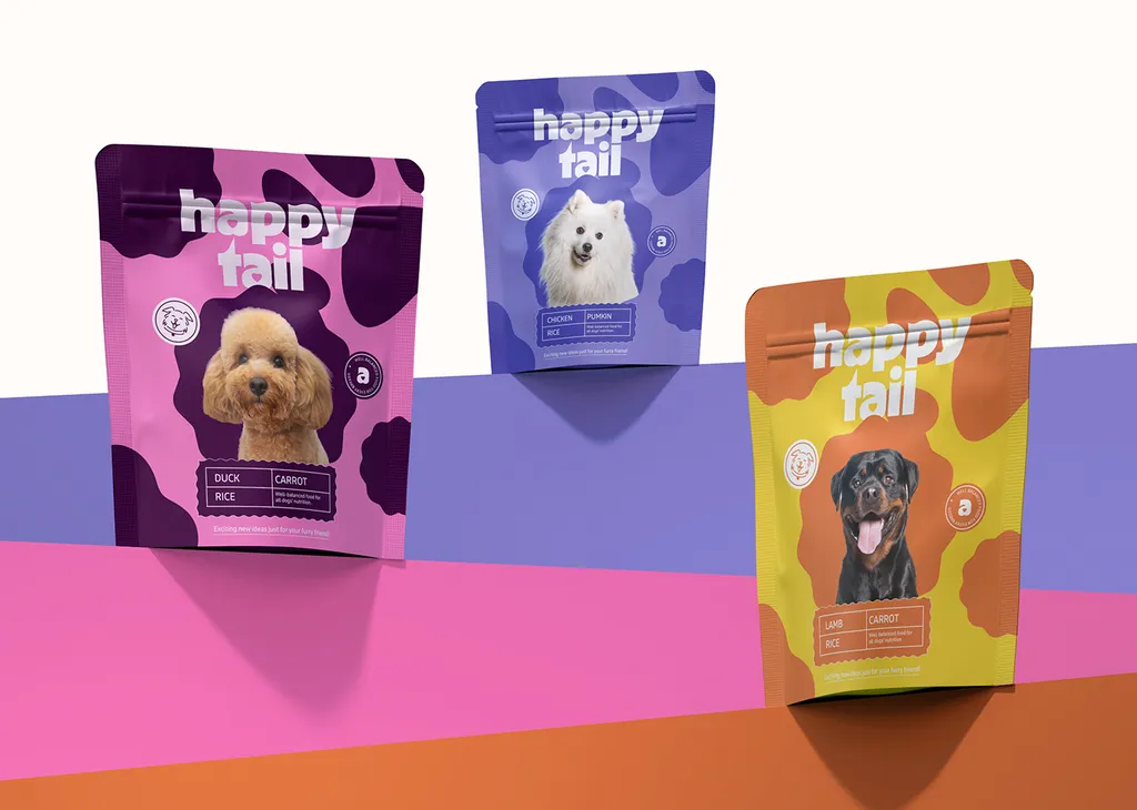 Happy Tail pouches in pink, lilac and yellow with a poodle, a white fluffy dog and a Rottweiler