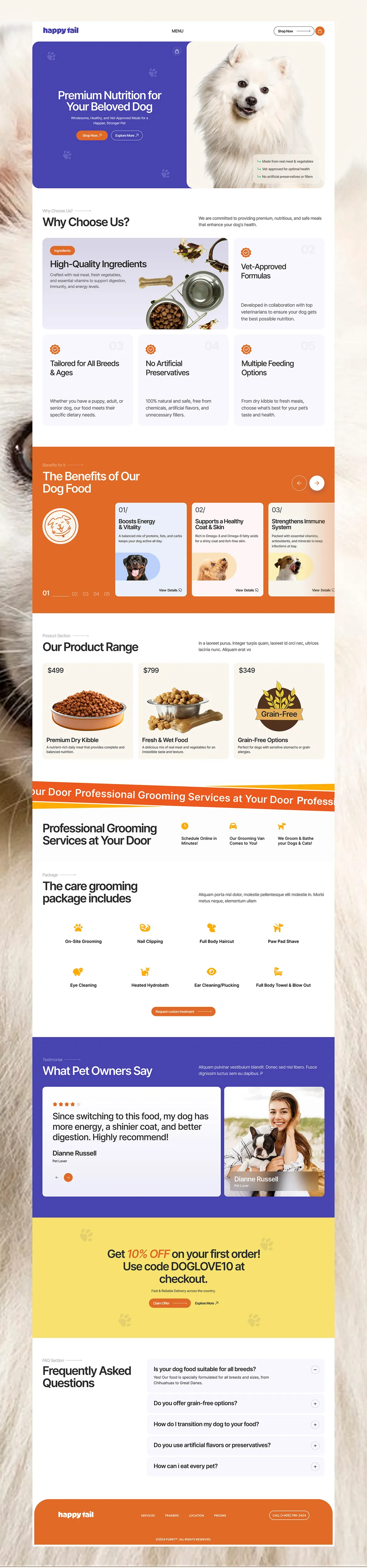 Happy Tail website: “Premium Nutrition for Your Beloved Dog” hero, benefits, product range, offer and FAQ