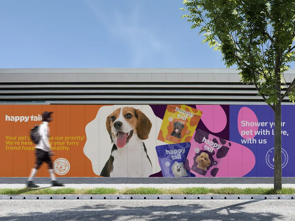 Happy Tail wall banner on a street with a beagle, three pouches and a passerby walking past