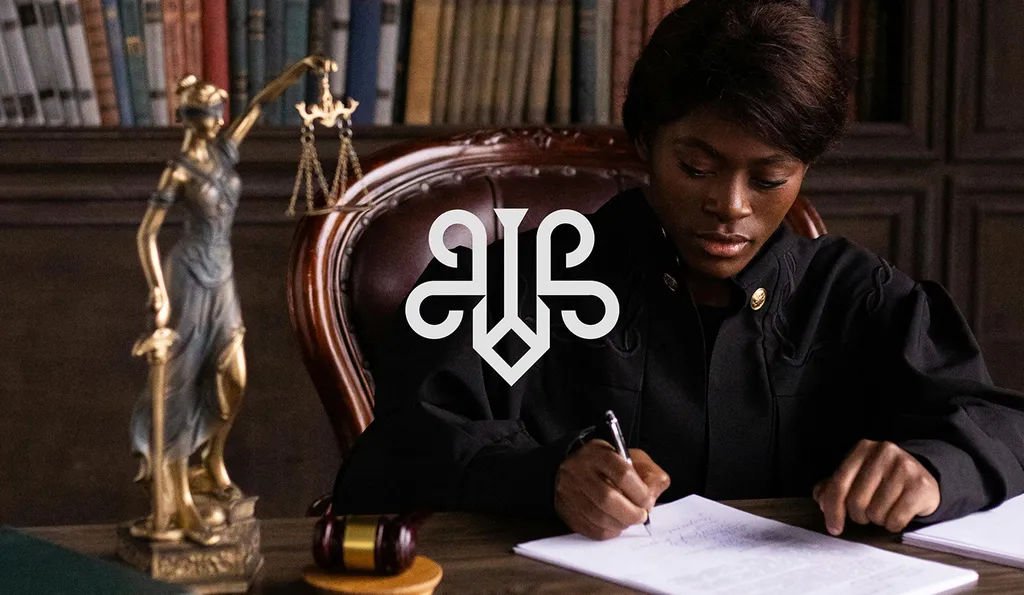 JurisLex mark in white over a judge in a black robe writing at a desk beside a Lady Justice statue and a gavel