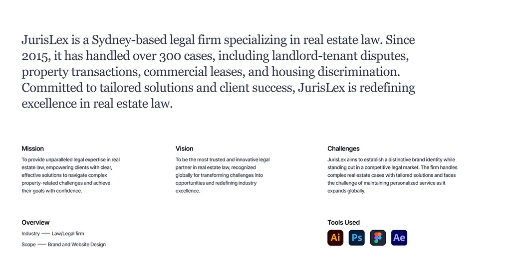 JurisLex project overview: a Sydney-based real estate law firm, with its mission, vision and challenges