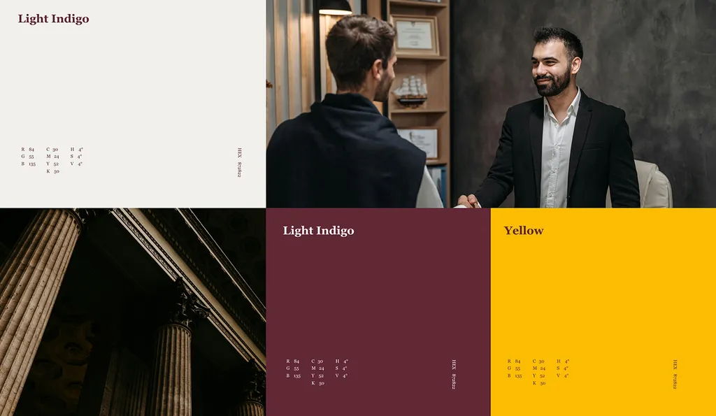 JurisLex colors: cream, deep burgundy and yellow, next to a handshake photo and classical stone columns