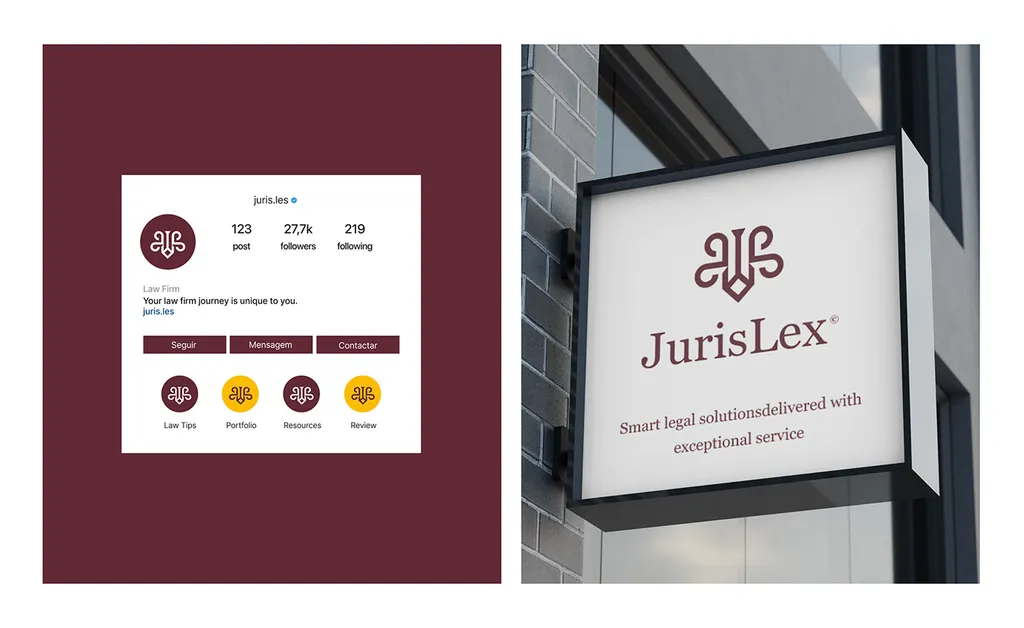JurisLex Instagram profile on burgundy and a hanging sign with the mark and the serif JurisLex wordmark