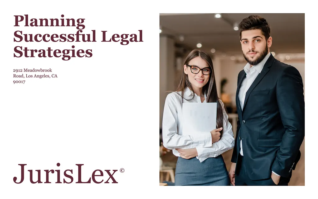 JurisLex print layout: “Planning Successful Legal Strategies” with the wordmark and two smiling lawyers
