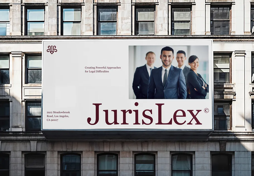 JurisLex billboard on a stone building: “Creating Powerful Approaches for Legal Difficulties” and a team photo