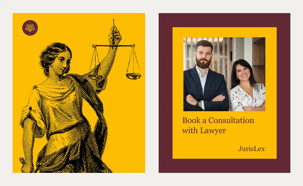 JurisLex posters: an engraved Lady Justice on yellow and “Book a Consultation with Lawyer” on burgundy