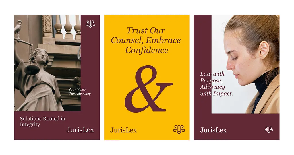 Three JurisLex posters: “Solutions Rooted in Integrity”, a large ampersand and “Law with Purpose, Advocacy with Impact.”