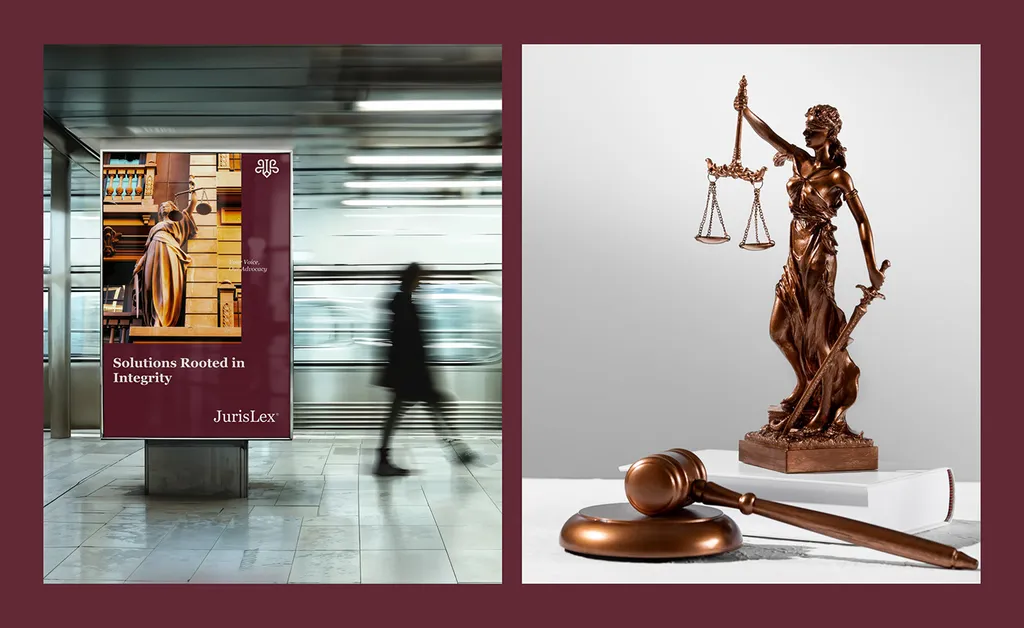 JurisLex “Solutions Rooted in Integrity” poster in a subway station, next to a bronze Lady Justice and gavel