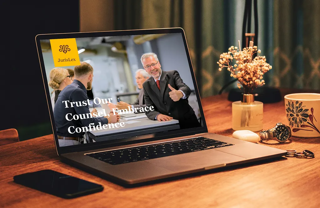 Laptop on a wooden table showing the JurisLex website hero: “Trust Our Counsel, Embrace Confidence”
