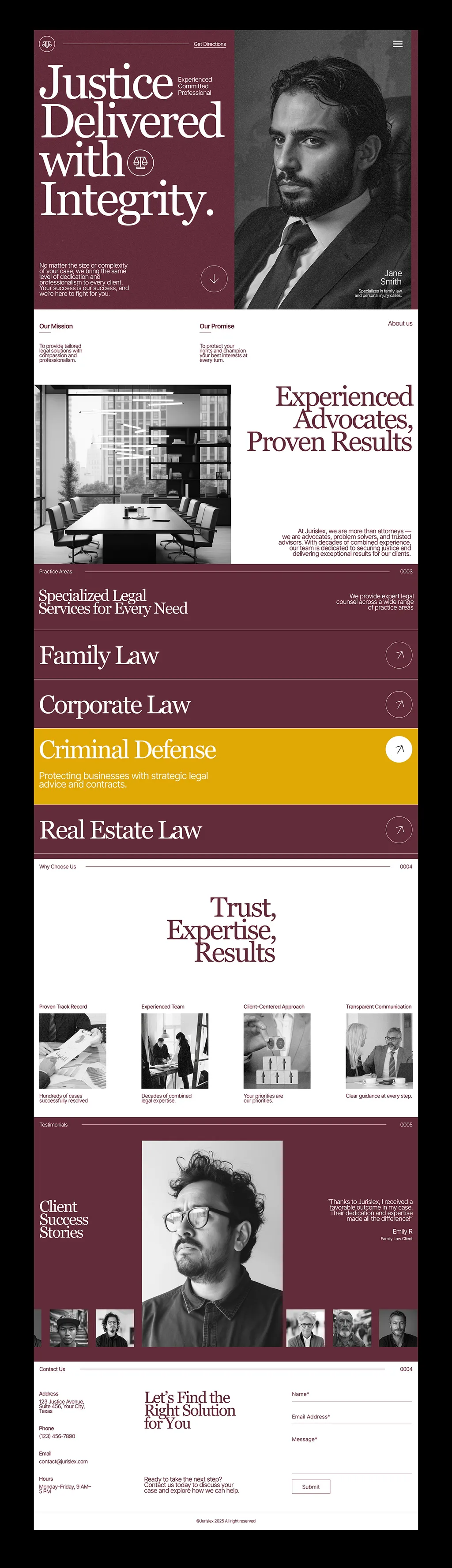 JurisLex website: “Justice Delivered with Integrity.”, practice areas, “Trust, Expertise, Results”, testimonials and contact