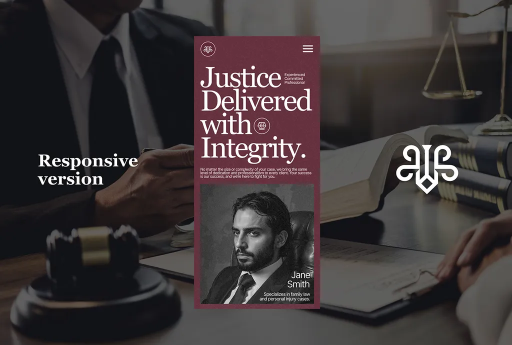 JurisLex responsive website on a phone: “Justice Delivered with Integrity.” over a dark law office photo