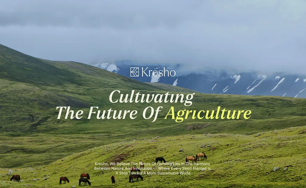 Kresho agriculture brand identity: the logo and the line “Cultivating The Future Of Agriculture” over a mountain pasture with grazing horses