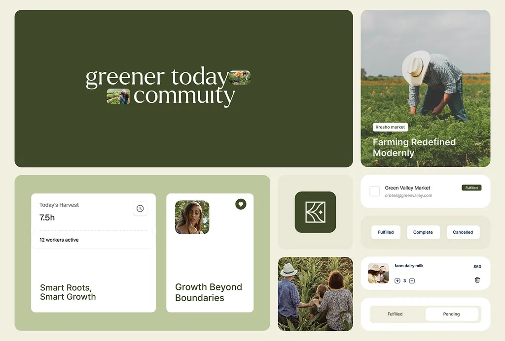 Kresho identity at a glance: “greener today” cards, app widgets and farmer photos