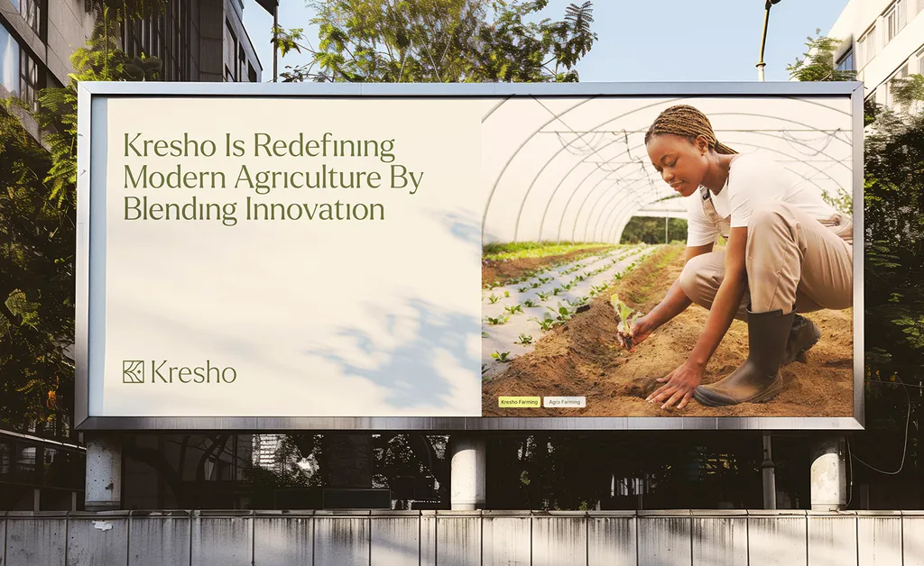 Kresho billboard with a woman tending plants in a greenhouse: “Kresho is redefining modern agriculture”