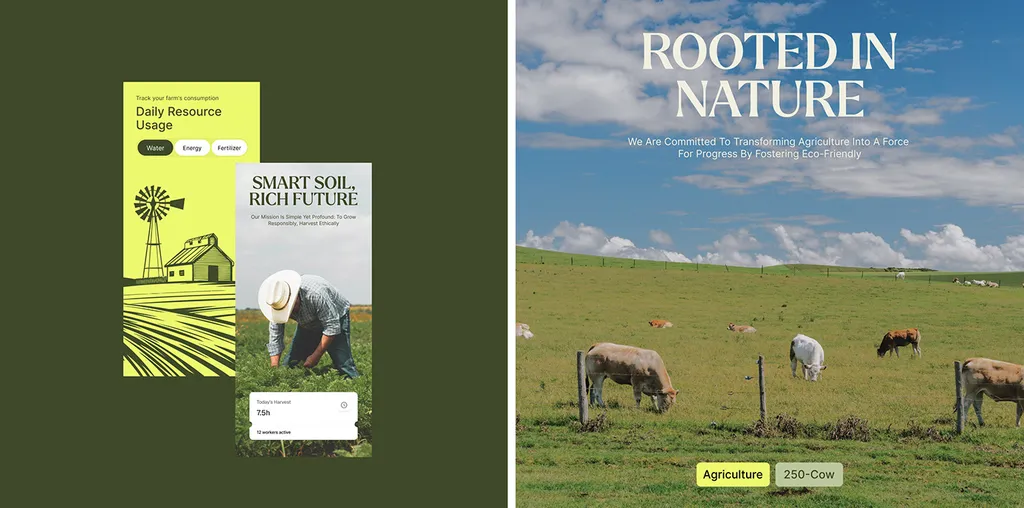 Kresho app posters, “Smart soil, rich future”, next to “Rooted in nature” with horses