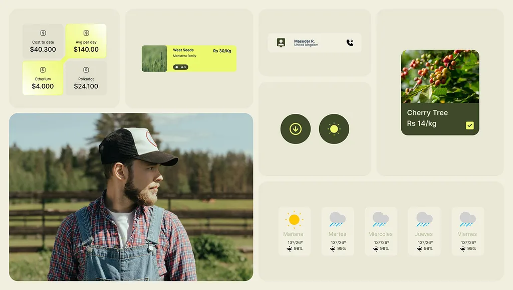 Kresho app cards for finances and weather next to a farmer in overalls