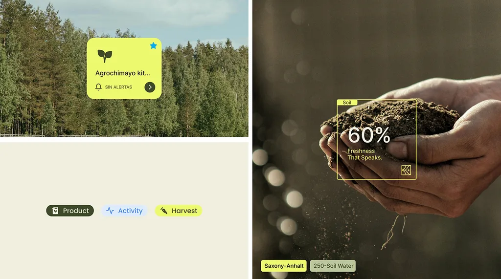Kresho app widgets and hands holding soil with a 60% moisture reading