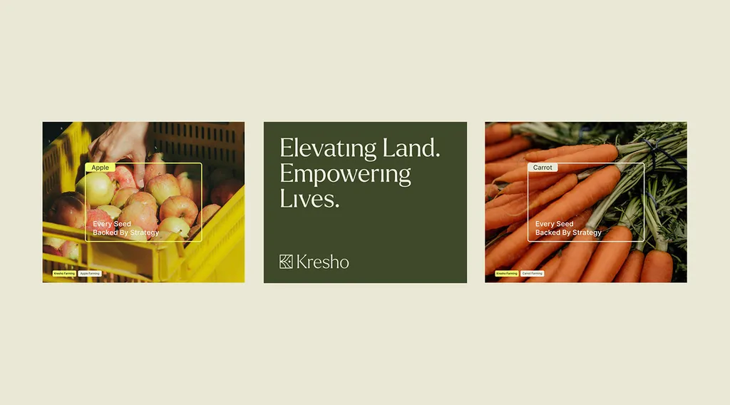 Kresho banner with apples and carrots: “Elevating Land. Empowering Lives.”