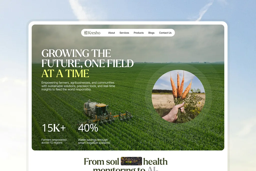 Kresho website hero: “Growing the future, one field at a time”