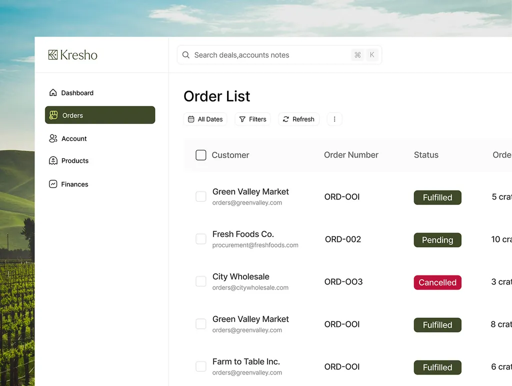 Kresho order list in the desktop app