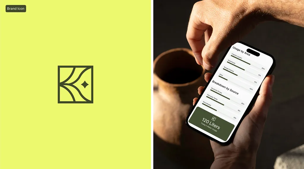 Kresho K mark in dark olive on lime next to a hand holding a phone with the Kresho app