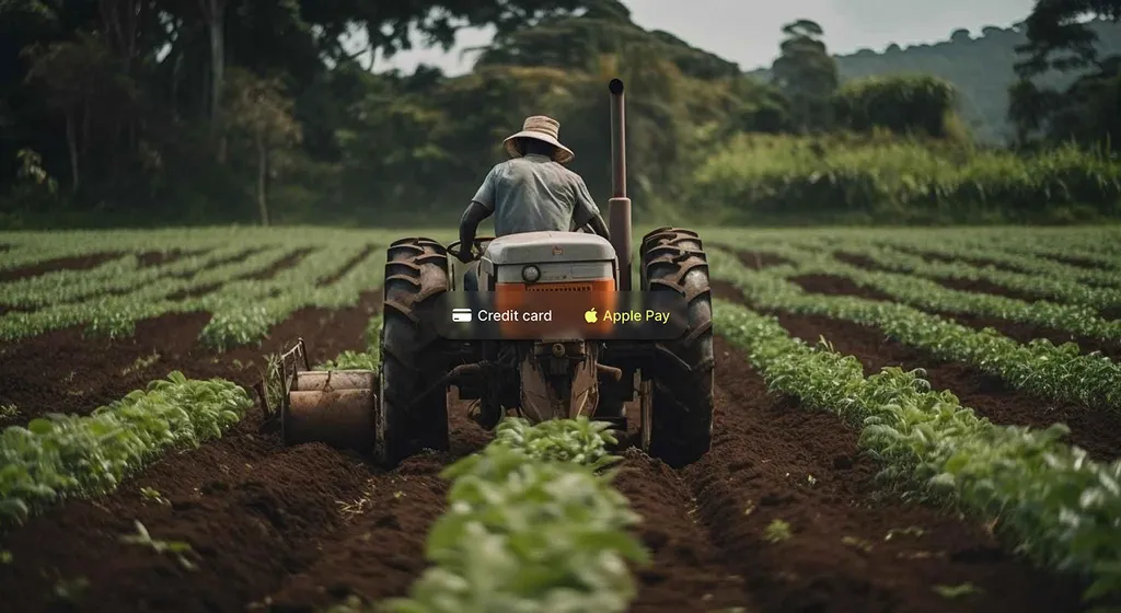 Farmer driving a tractor between crop rows