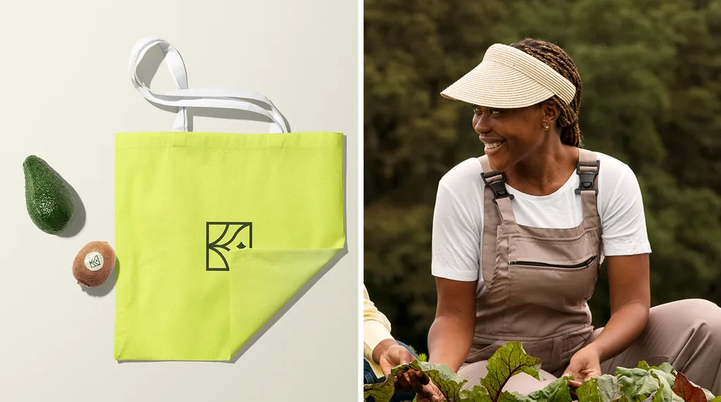 Lime Kresho tote bag with an avocado next to a smiling woman gardening