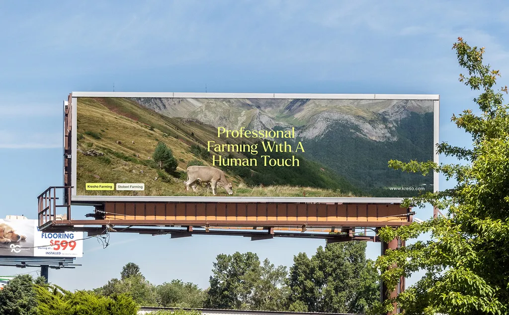 Highway billboard above a mountain road: “Professional farming with a human touch”