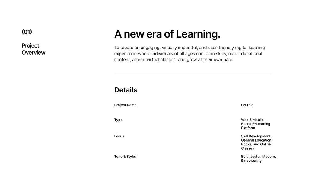 Leurniq project overview: “A new era of Learning.” with the platform type, focus and tone
