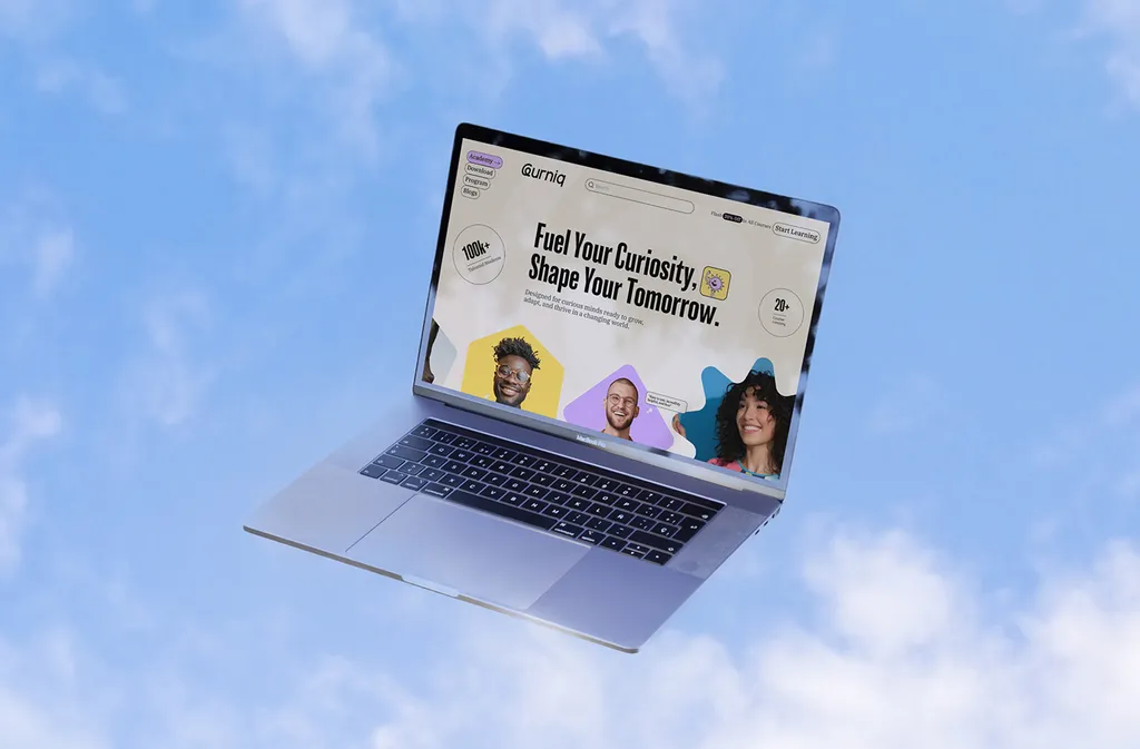 Leurniq website on a laptop floating in a blue sky: “Fuel Your Curiosity, Shape Your Tomorrow.”