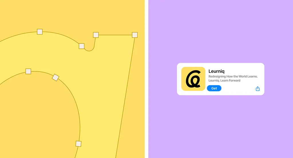 Leurniq q drawn with anchor points on yellow, next to the app listing “Redesigning How the World Learns.” on lilac