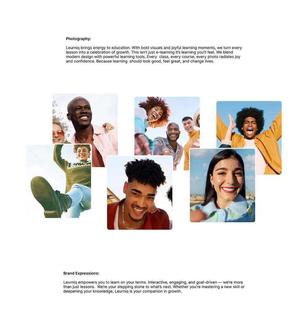 Leurniq photography and brand expression board: six joyful portraits of young people outdoors