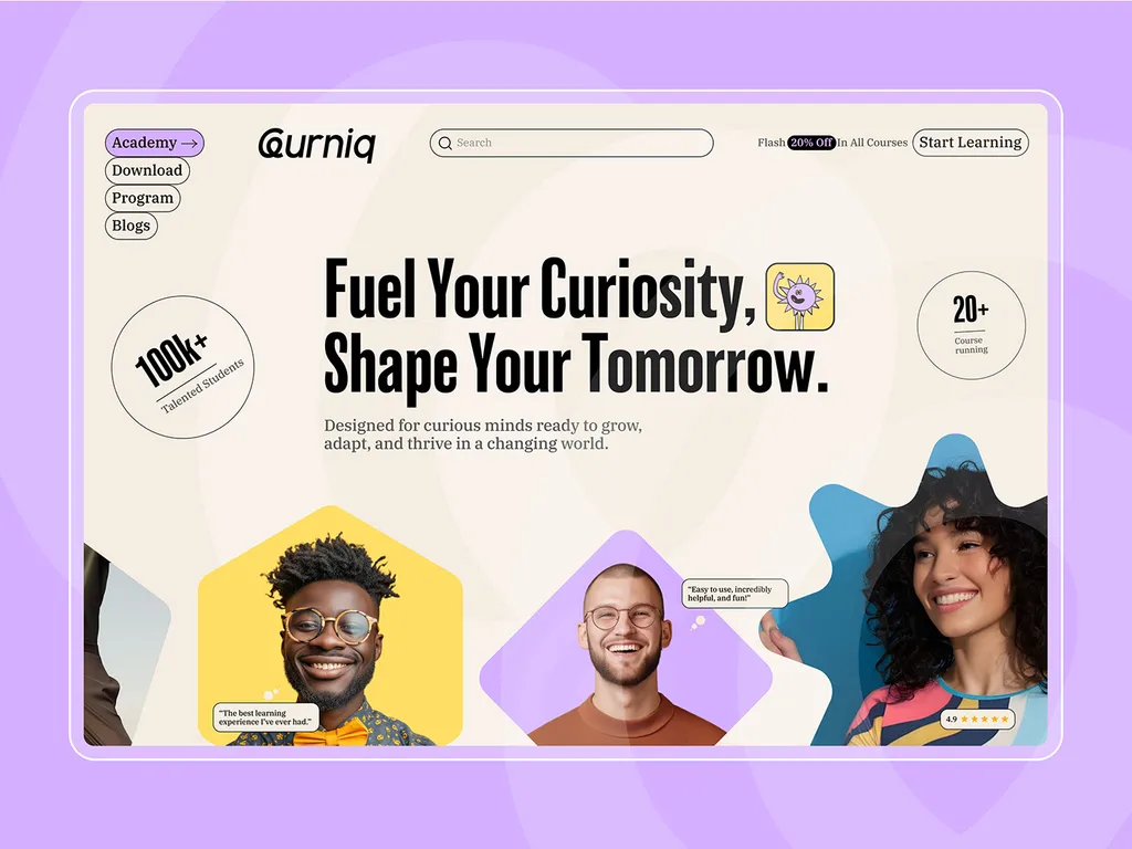 Leurniq homepage on lilac with smiling learners in yellow, lilac and blue shapes under the headline