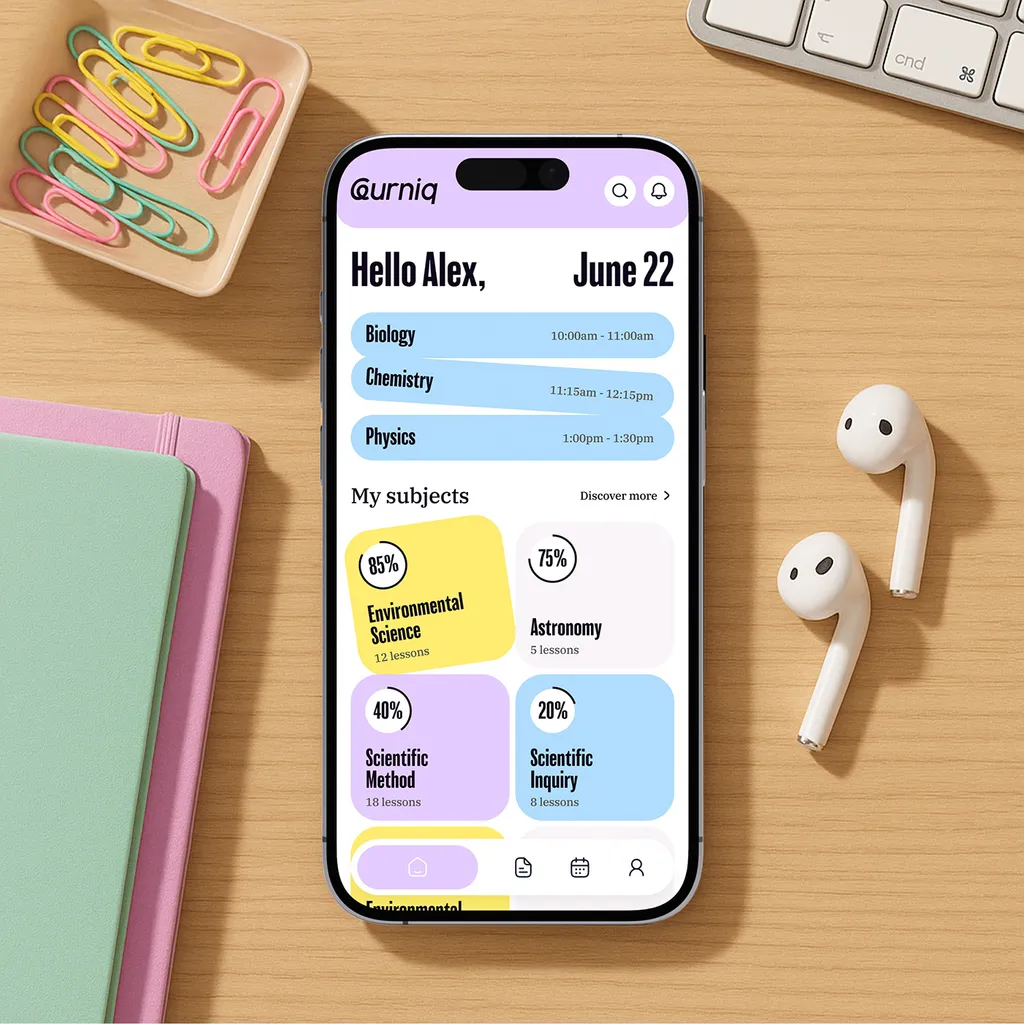 Leurniq app home screen on a phone: “Hello Alex,” class times and subject progress cards, on a wooden desk