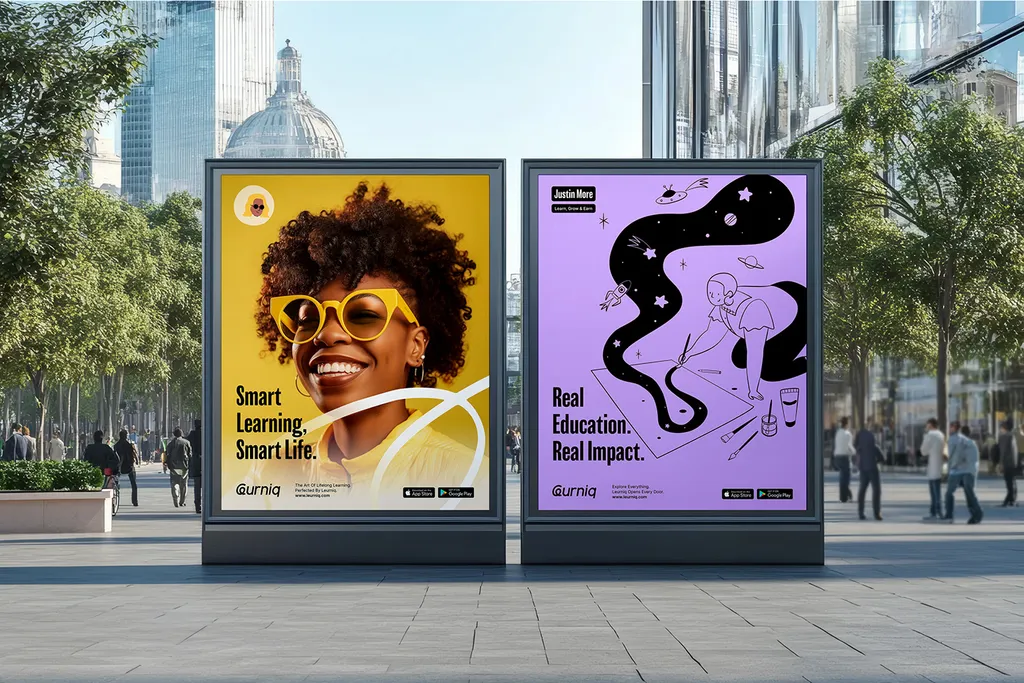 Two Leurniq street posters: “Smart Learning, Smart Life.” on yellow and “Real Education. Real Impact.” on lilac