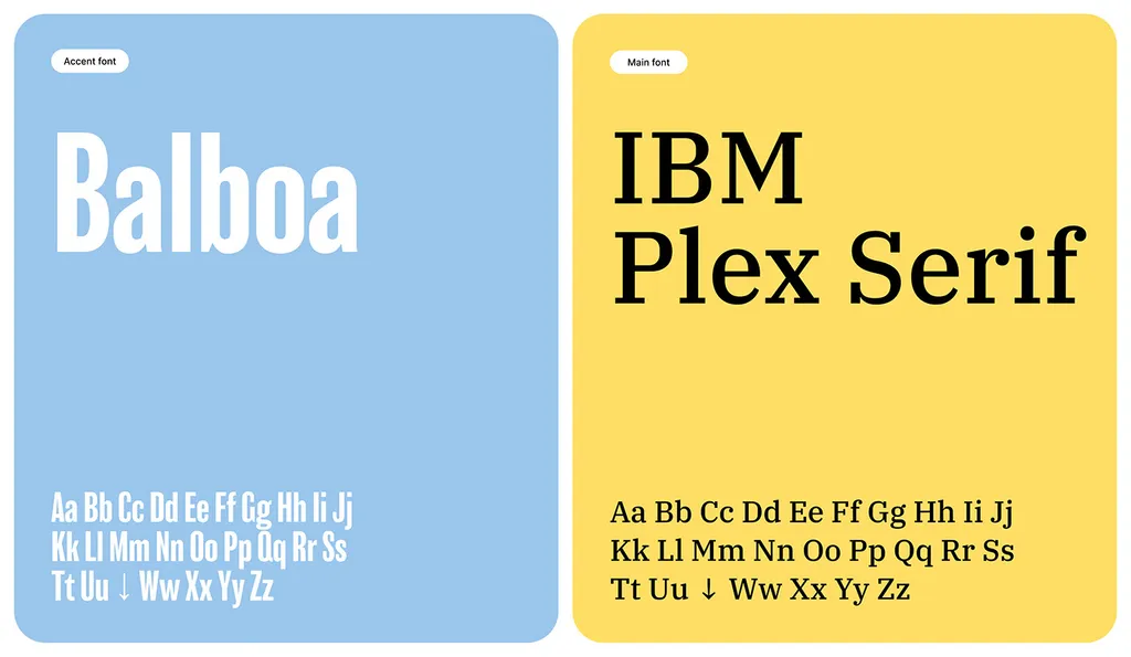 Leurniq typefaces: Balboa as the accent font on blue and IBM Plex Serif as the main font on yellow