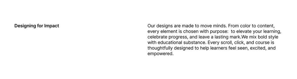 Leurniq “Designing for Impact” text board about color, content and helping learners feel seen