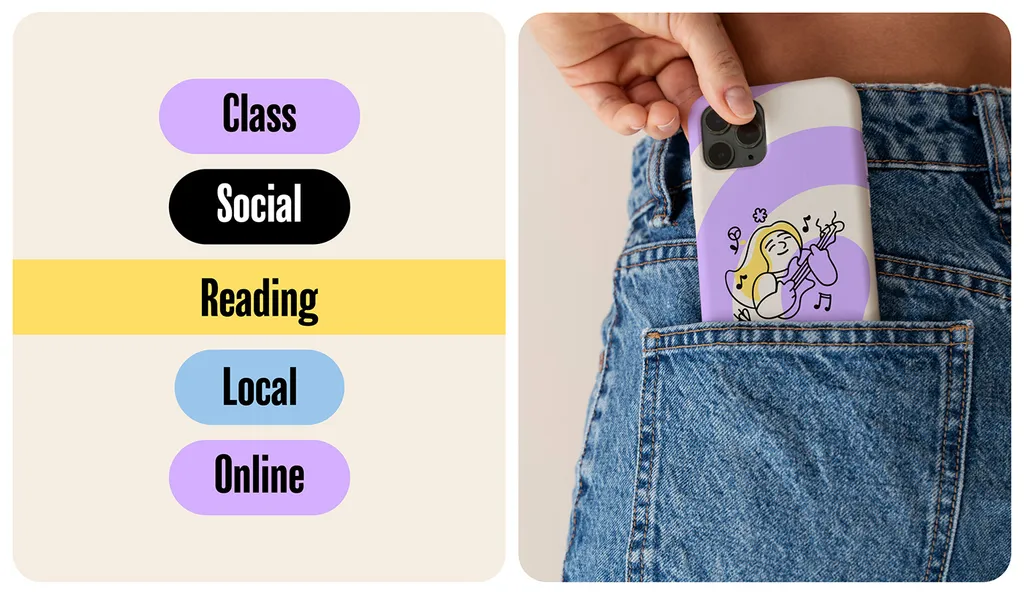 Leurniq pills reading Class, Social, Reading, Local and Online, next to a lilac phone case in a jeans pocket